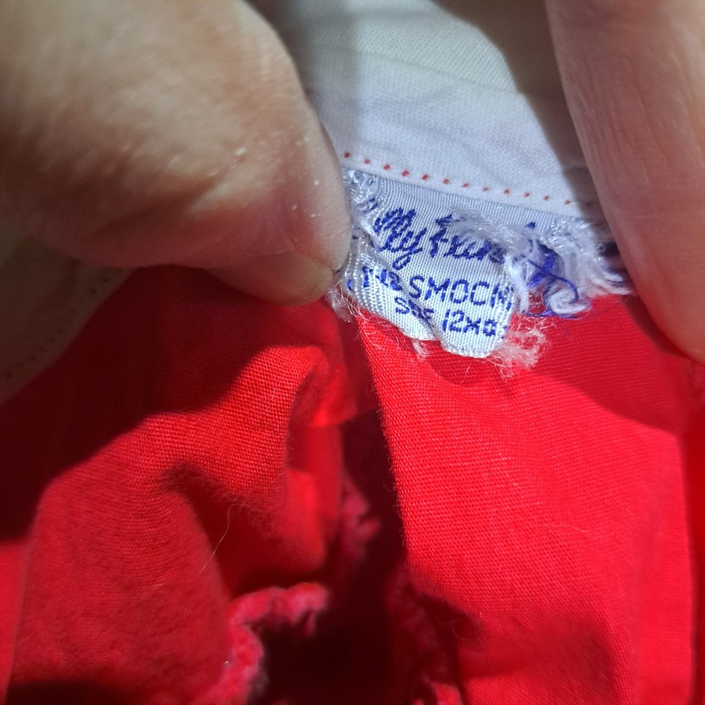 VTG Polly Flinders Red Smocked Dress Girls 12M Lace Collar Long Sleeve Pockets - Picture 3 of 6